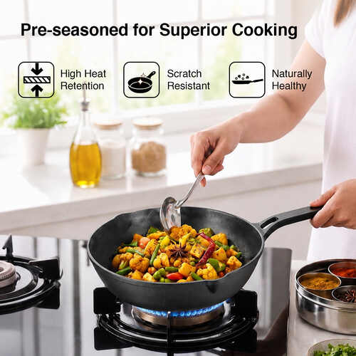 Prestige Cast Iron Fry Pan 20cm/1.5L | Neocast Flo | Non-Stick | Chemical Free | Preseasoned | Sturdy Handle | Healthy Eating | Gas & Induction Compatible | Lifetime Warranty