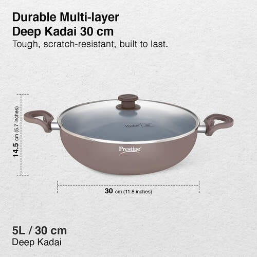 Prestige Ceraglide Duo Ceramic Coating Non Stick Aluminium Cookware Deep Kadai with Glass Lid