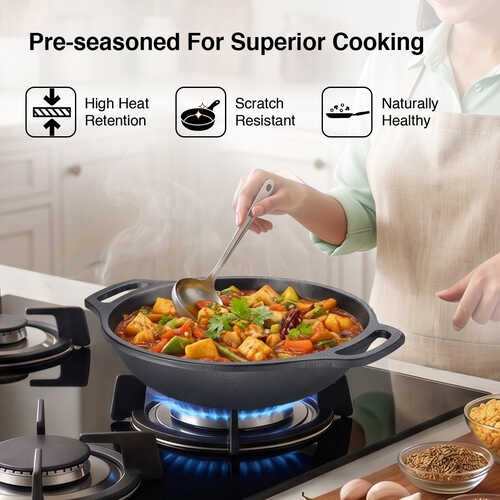 Prestige Cast Iron Kadai 20cm/1L | Neocast Flo | Non-Stick | Chemical Free | Preseasoned | Sturdy Handle | Healthy Eating | Gas & Induction Compatible | Lifetime Warranty