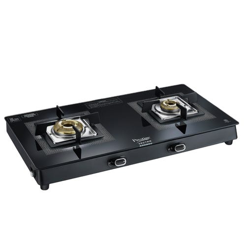 Prestige Vectra 2 Burner Glasstop Gas Stove|Superior Toughened Glass|Jumbo Brass Burner|3-Way Gas Inlet|360 Degree Revolving Nozzle|10 Years Warranty on Glass|Black