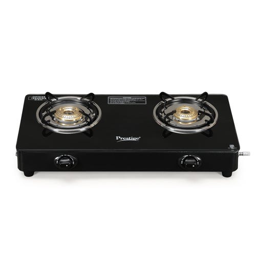 Prestige IRIS Plus Auto Ignition Gas Stove | Toughened Black Glass-Top | Tri-Pin Brass Burners | Ergonomic Knob Design | Black