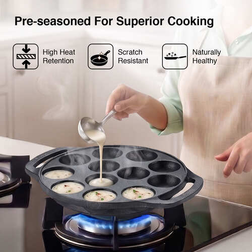Prestige Cast Iron Paniyarakkal/Appe Patra 12 pit | Ferrocast Flo | Non-Stick | Gas & Induction Compatible | Chemical Free | Preseasoned | Sturdy Handle | Healthy Eating | Lifetime Warranty