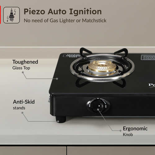 Prestige IRIS Plus Auto Ignition Gas Stove | Toughened Black Glass-Top | Tri-Pin Brass Burners | Ergonomic Knob Design | Black