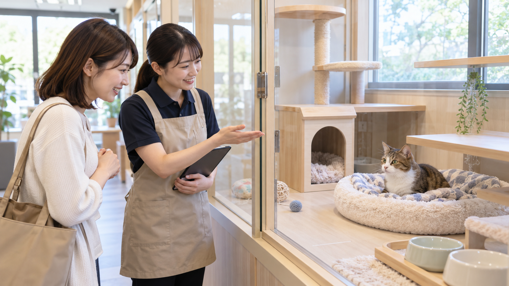 見学中の猫用個室で隠れ場所や寝具を確認する飼い主