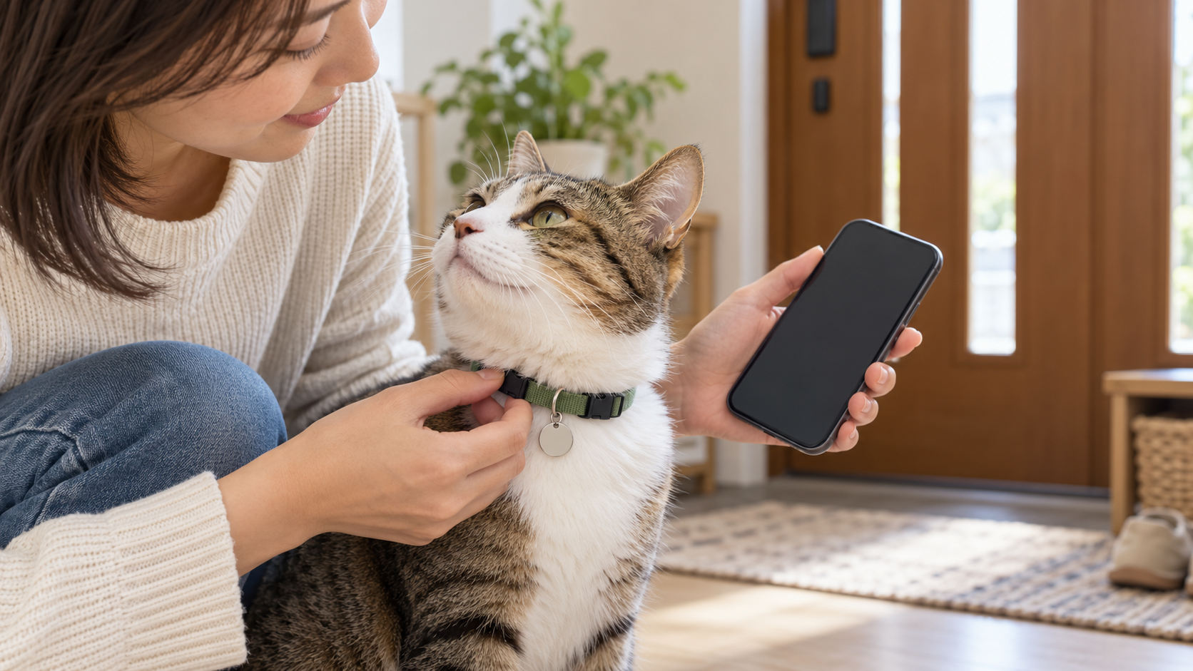 玄関で猫の迷子札と登録情報を確認する飼い主