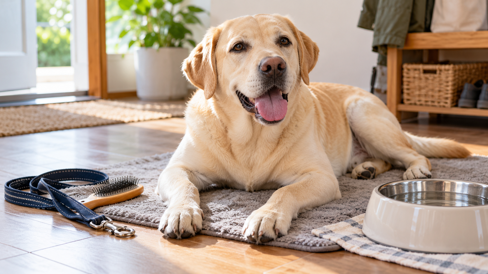 散歩の後にマットで休む拉布拉多犬とそばのブラシ