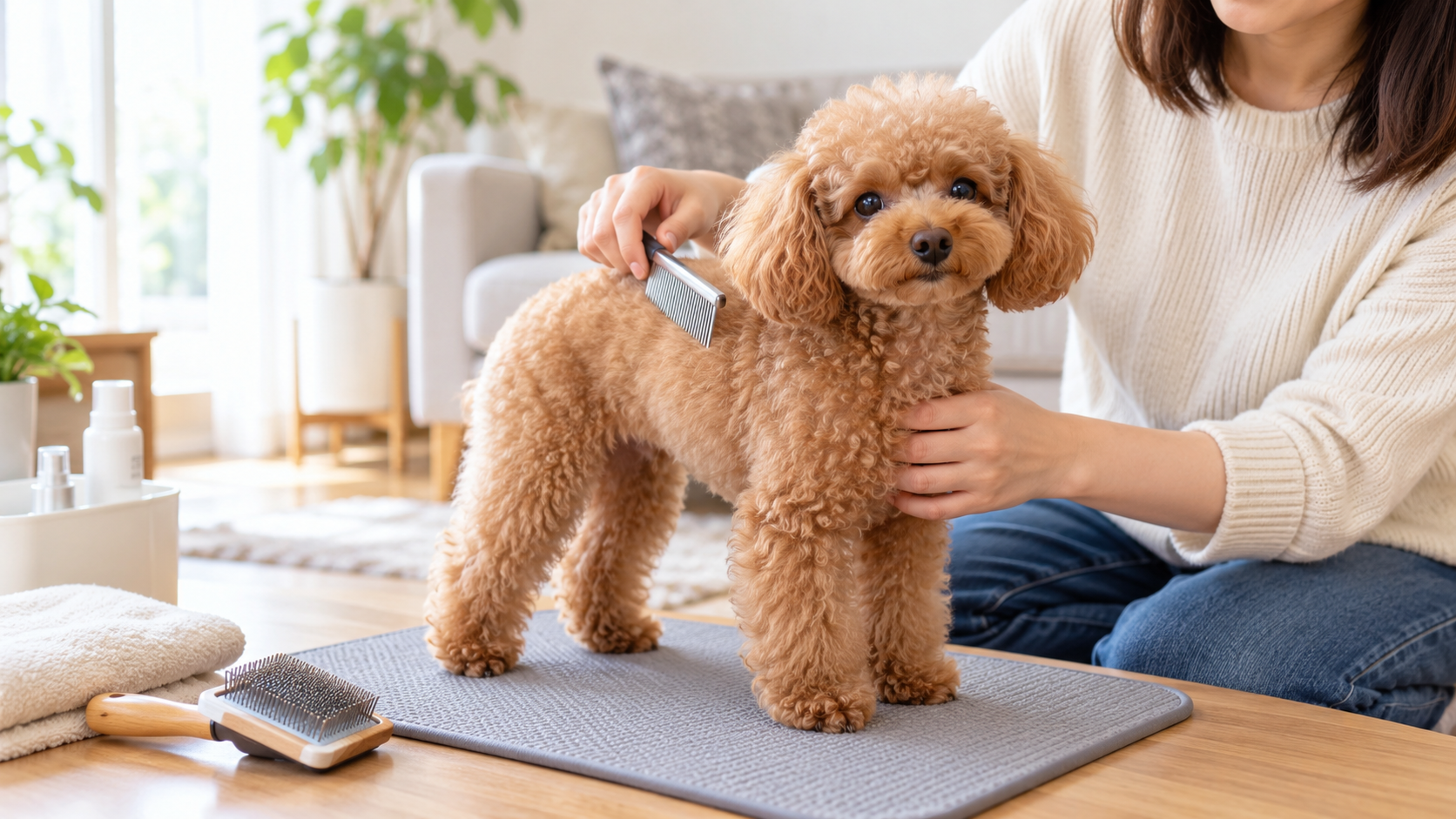 滑り止めマットの上で飼い主にやさしくブラッシングされるトイプードル