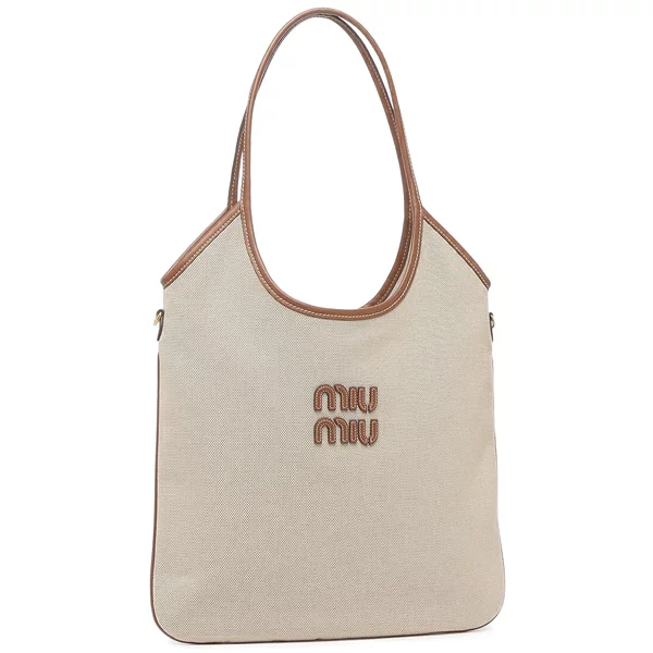 ミュウミュウ トートバッグ アイヴィー キャンバス レザー バッグ ベージュ ブラウン レディース MIU MIU 5BG231V ACRN F062F A4対応