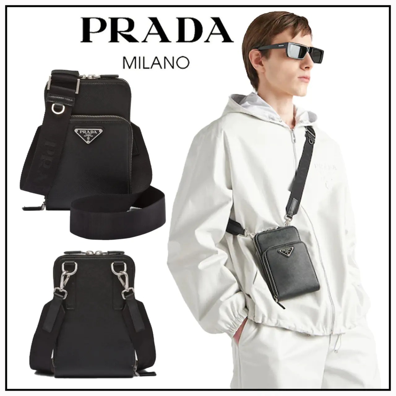 PRADA*ロゴ サフィアーノレザー スマートフォンケース ブラック