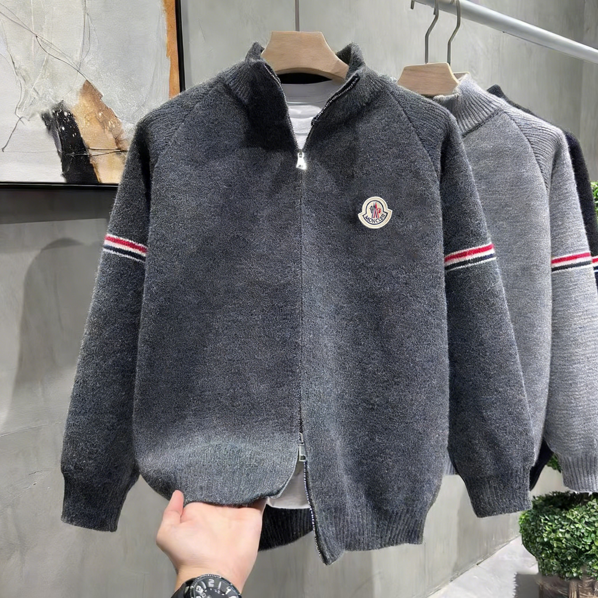 『M-2XL』男女兼用のストライプ柄スタンドカラーカーディガンセーター、秋冬用の高級ダブルジッパーニットウェア。