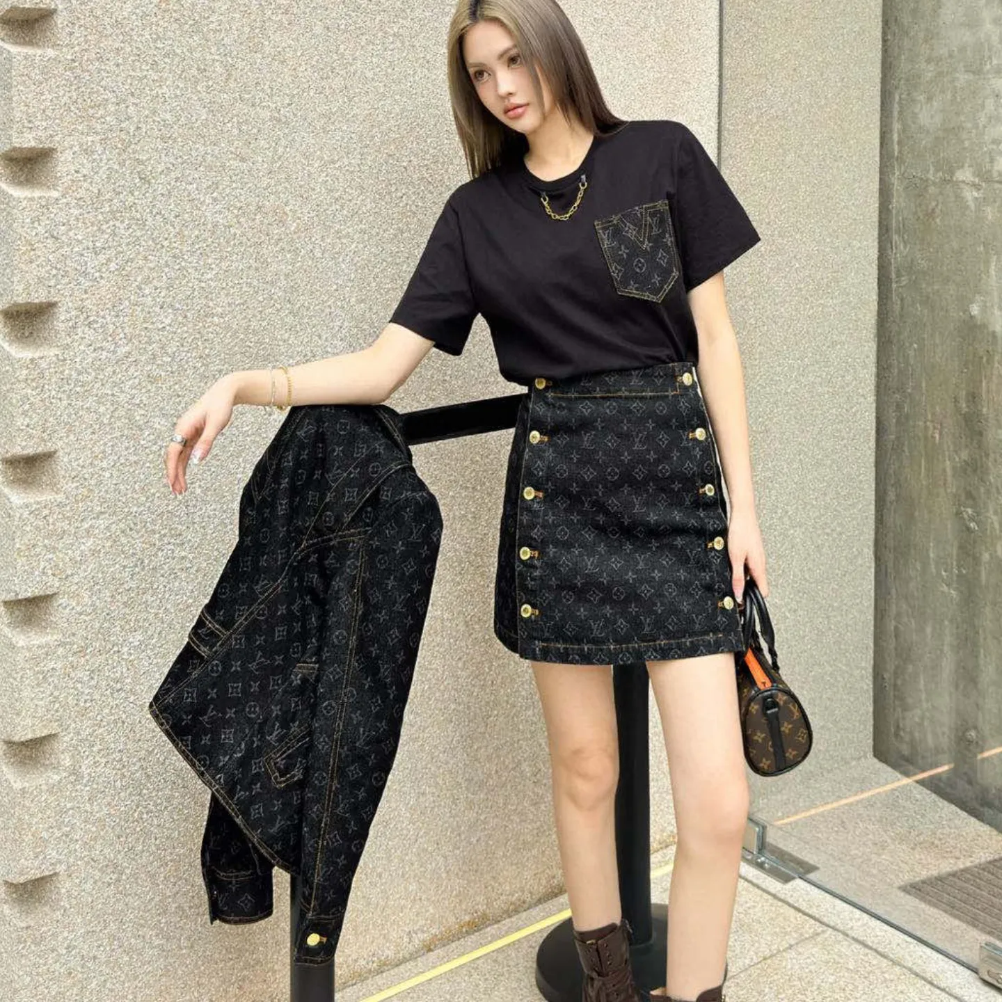 『S-L』豪華 高級感 ラシック 半袖Tシャツ デニムスカート