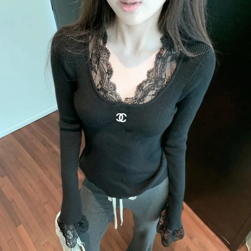 『S-L』絶対流行 魅力的 レトロ Vネック レース トップス
