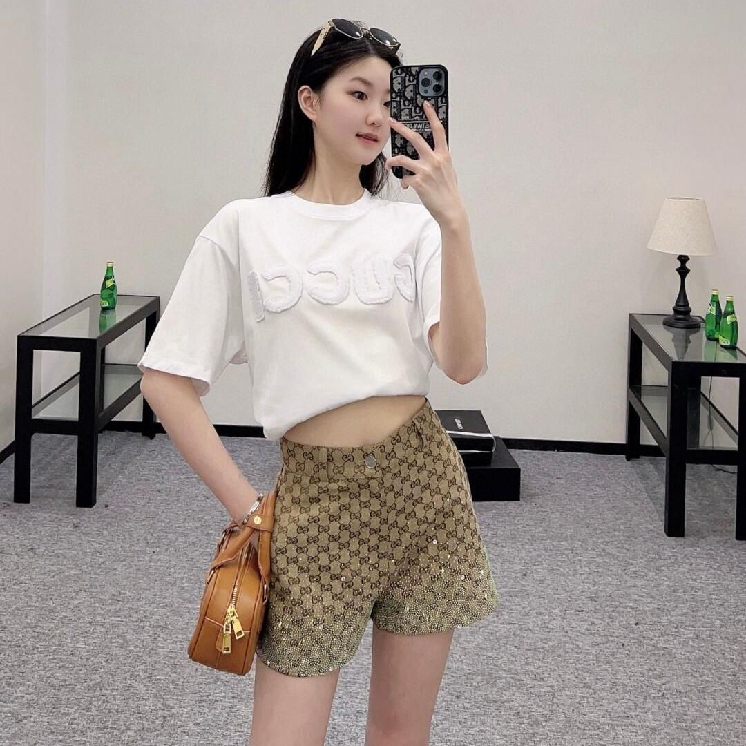 レトロなハイウエスト、全面ラインストーンプリントのショートパンツ、ストレートレッグのシックなショートパンツ