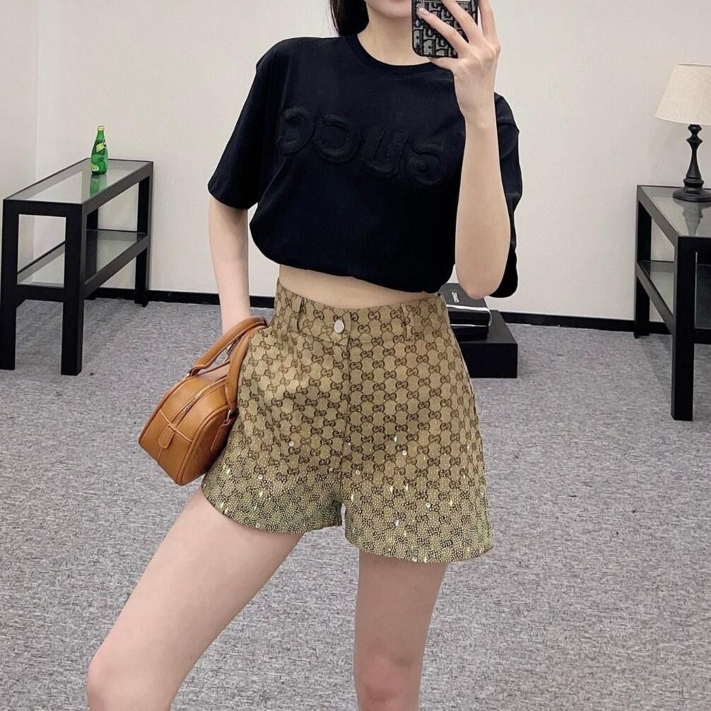 レトロなハイウエスト、全面ラインストーンプリントのショートパンツ、ストレートレッグのシックなショートパンツ