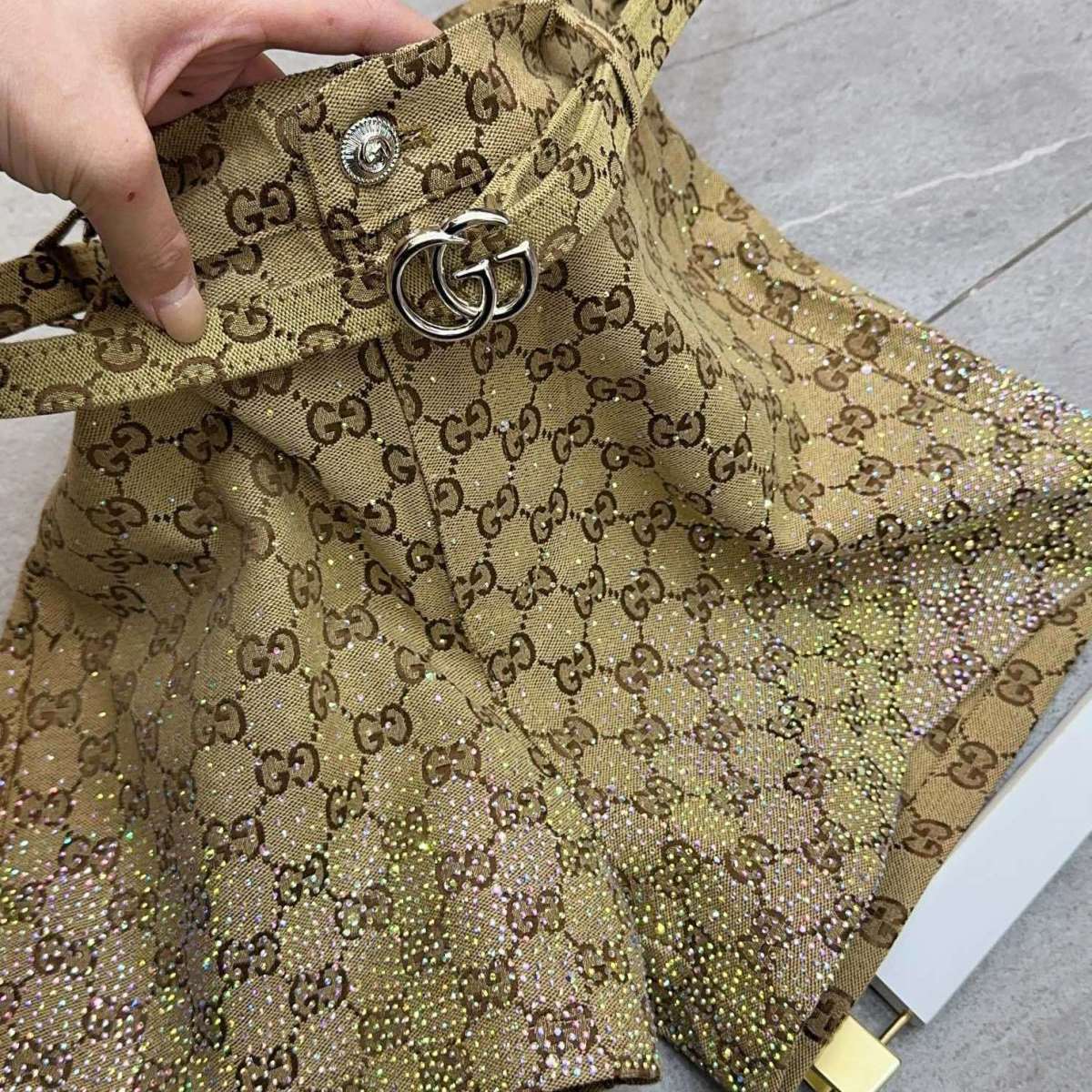 レトロなハイウエスト、全面ラインストーンプリントのショートパンツ、ストレートレッグのシックなショートパンツ