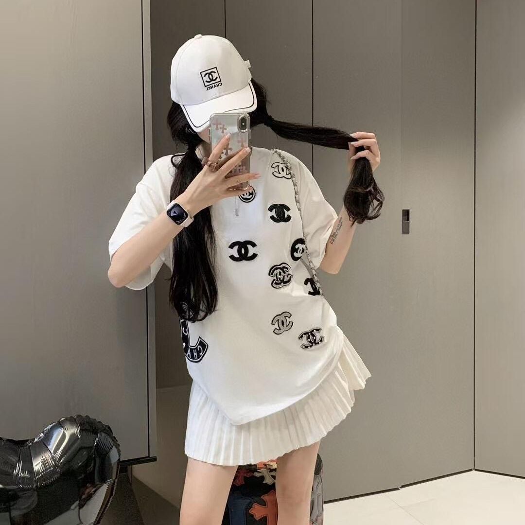 ファッショナブルなパッチワークラウンドネック純綿半袖Tシャツ、女性用、高級スイートルーズトップ