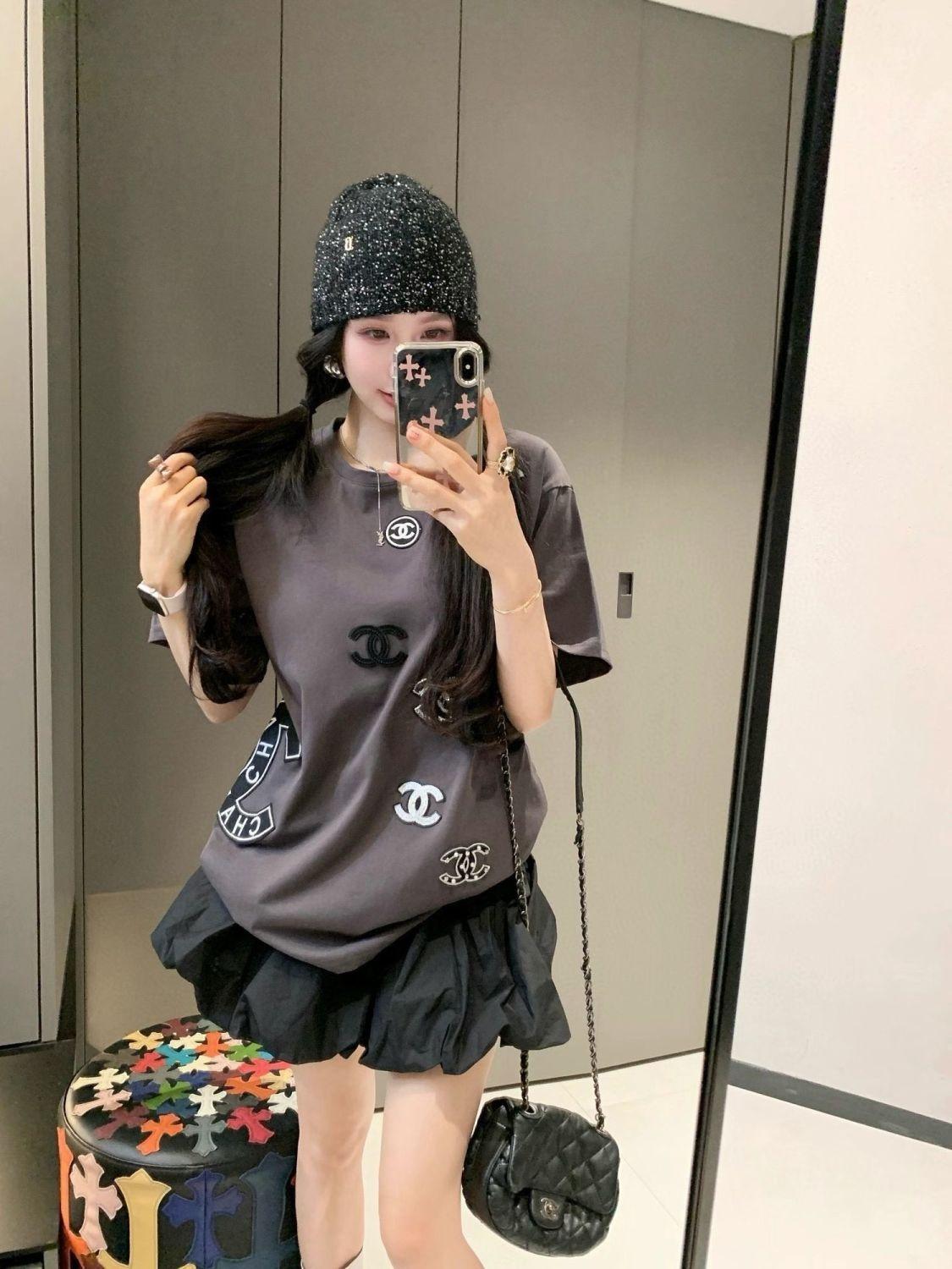 ファッショナブルなパッチワークラウンドネック純綿半袖Tシャツ、女性用、高級スイートルーズトップ
