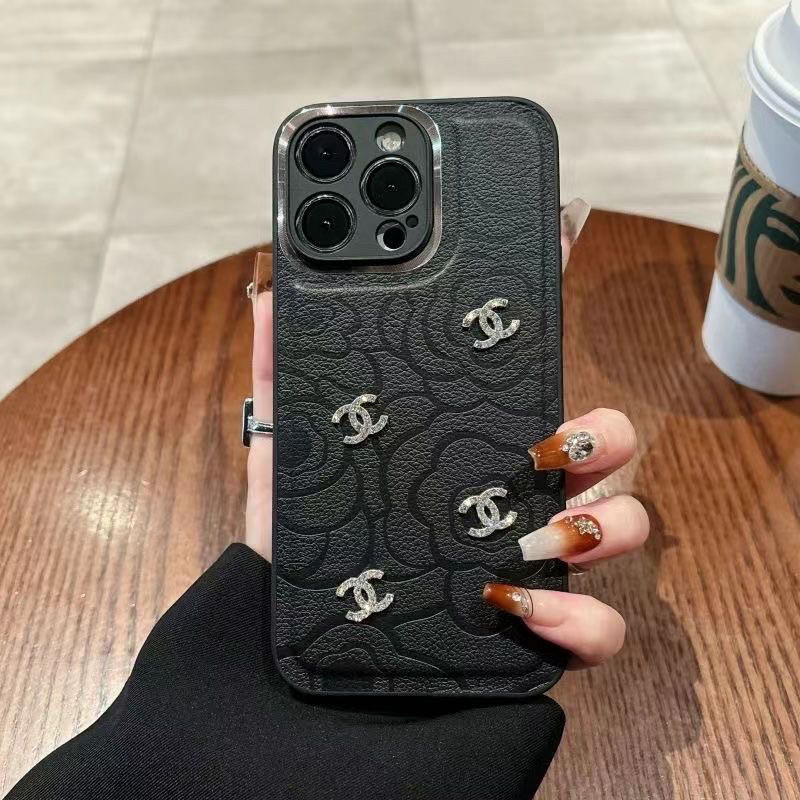 ヴィンテージ 椿 ラインストーン シャネル風 iPhoneケース