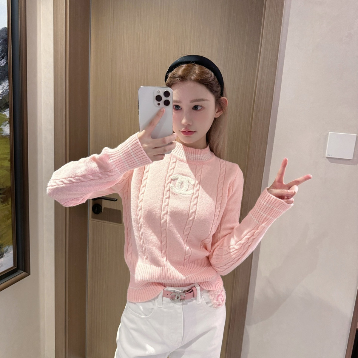 『S-XL』上品シャネル風 アルファベット刺繍 クルーネック 万能 着痩せ 配色 インナー ニットセーター