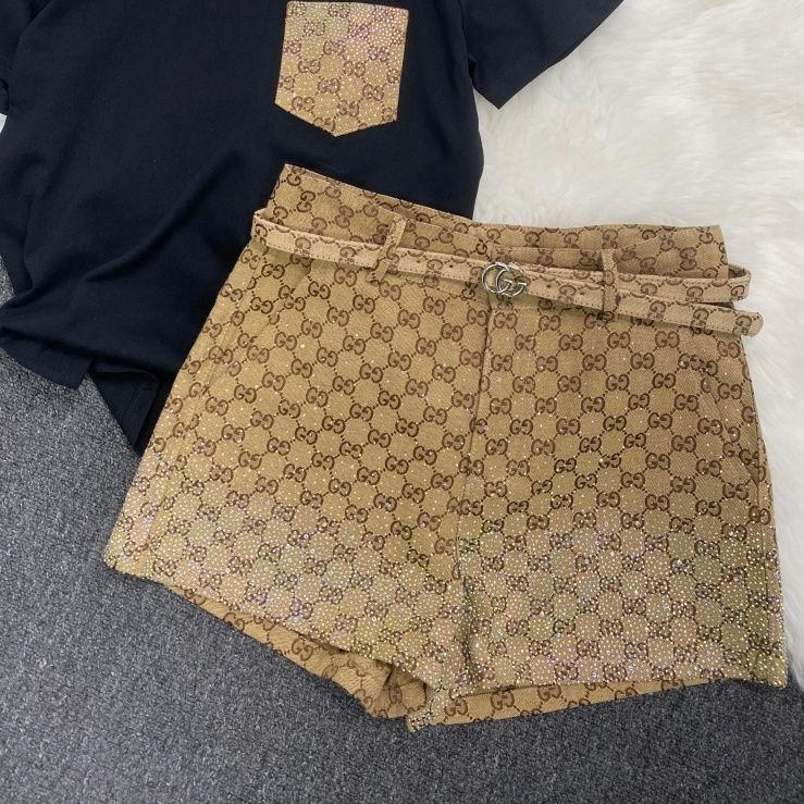 レトロなハイウエスト、全面ラインストーンプリントのショートパンツ、ストレートレッグのシックなショートパンツ