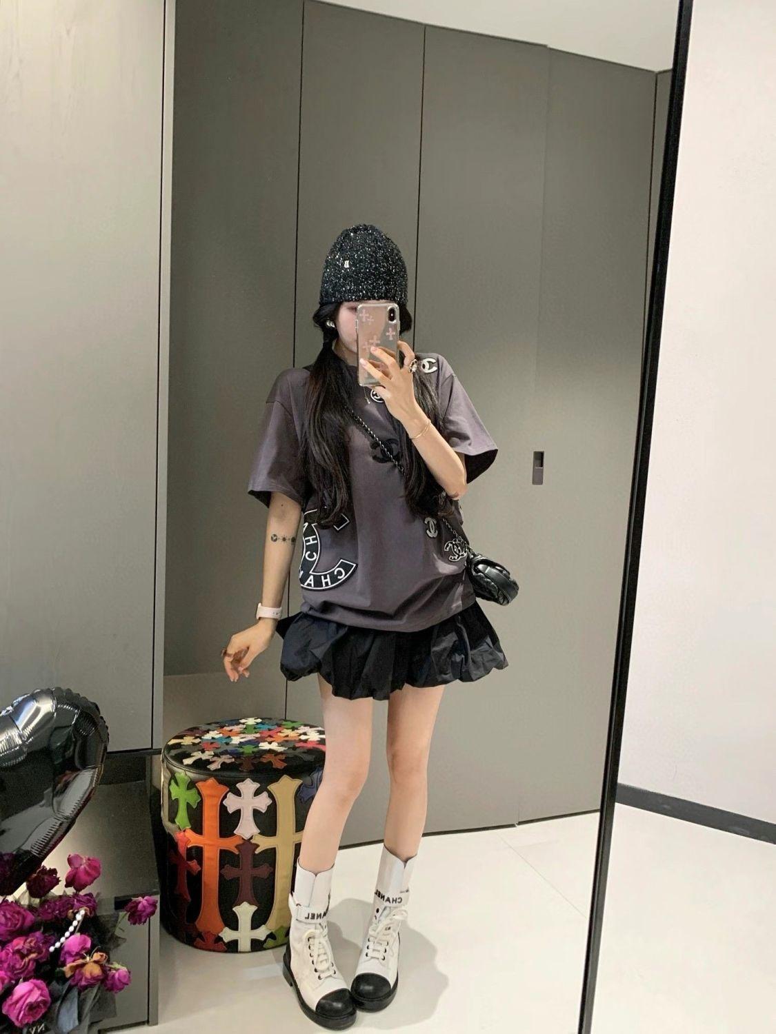 ファッショナブルなパッチワークラウンドネック純綿半袖Tシャツ、女性用、高級スイートルーズトップ