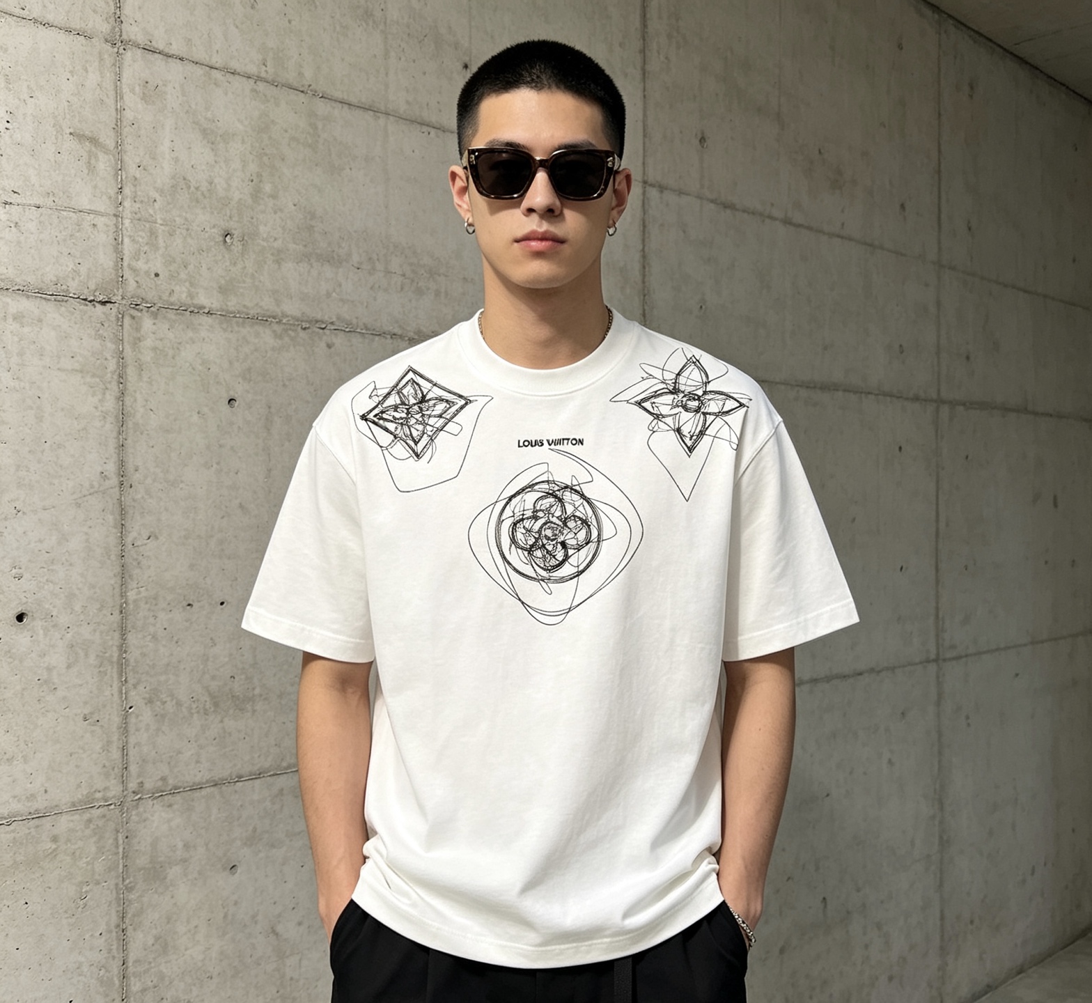『S-2XL』新作グラフィティライン刺繍入り半袖クルーネックTシャツ