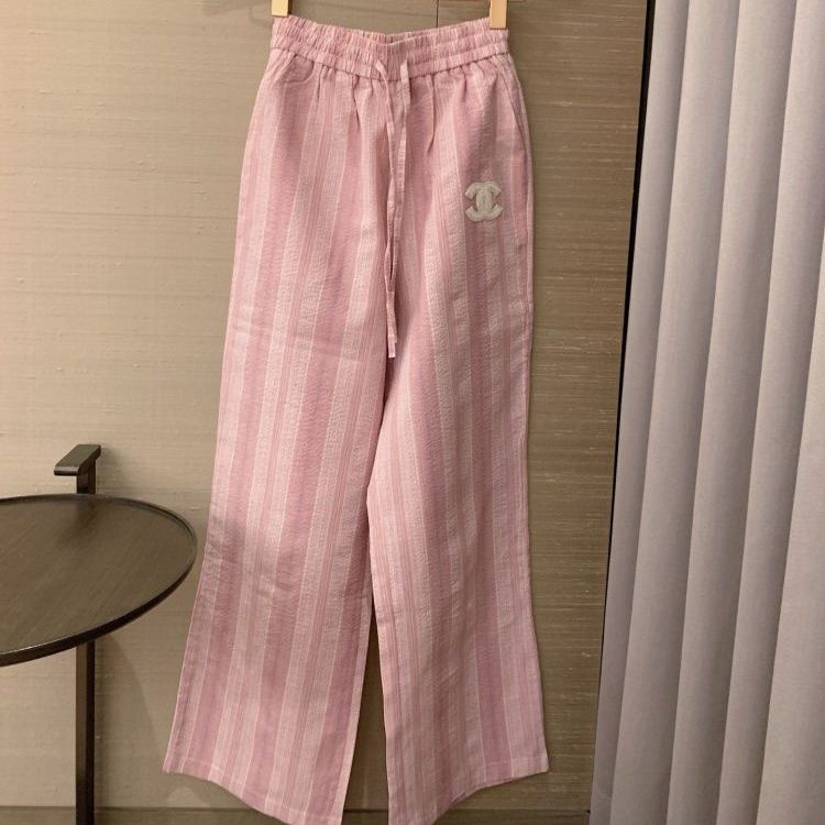 新作の夏物刺繍入り伸縮性ハイウエストパンツ、カジュアルなストレートレッグストライプパンツ（女性用）