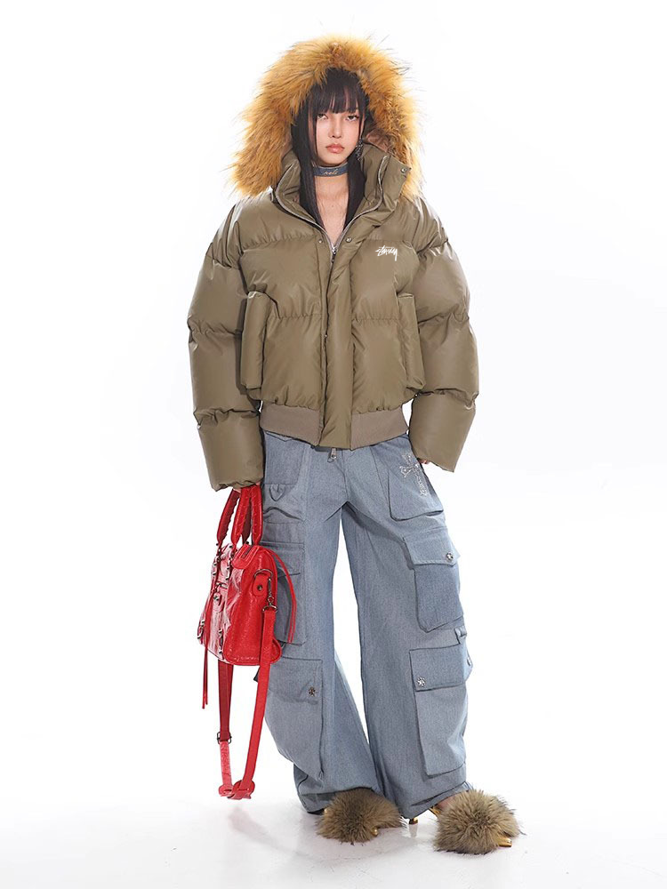 【STUSSY】2025 new detachable fur collar cotton jacket