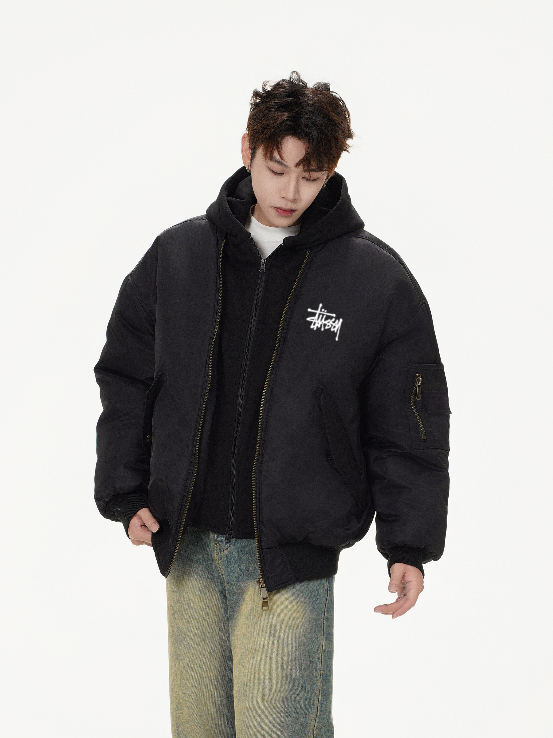 【STUSSY】フード付きダブルレイヤージャケット
