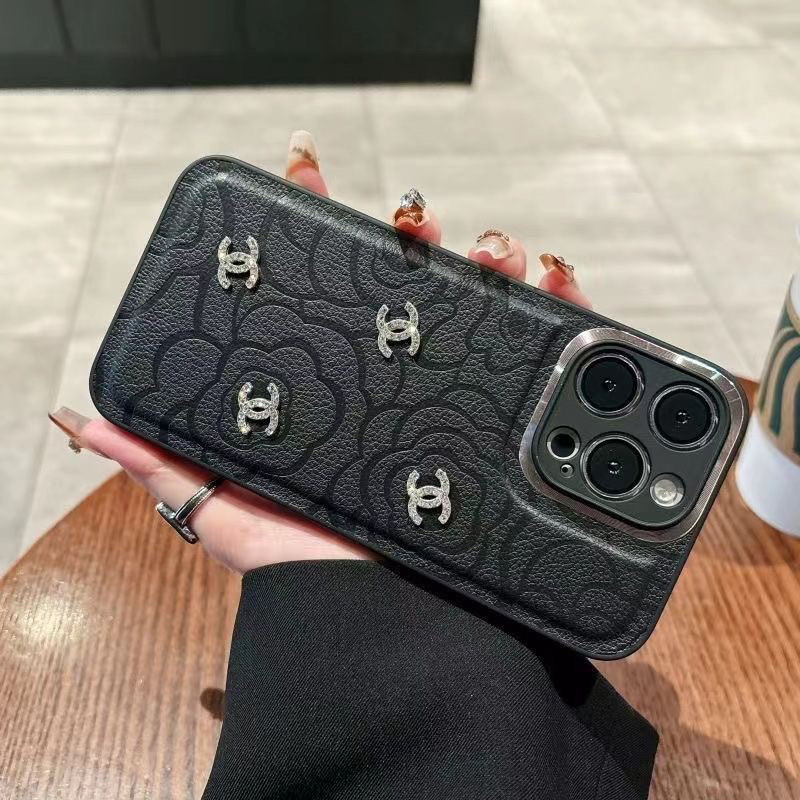 ヴィンテージ 椿 ラインストーン シャネル風 iPhoneケース