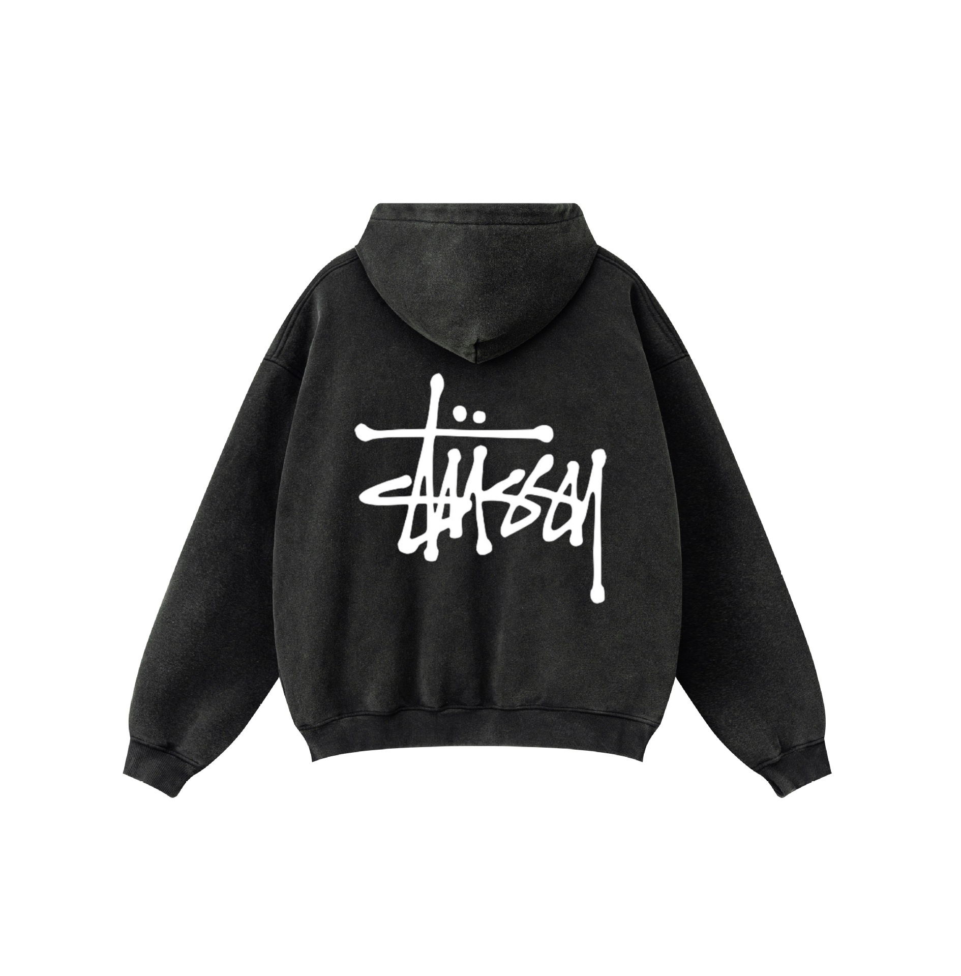 STUSSY ウォッシュド ダメージ フリース パーカー ブラック