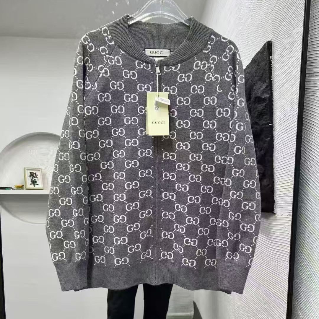 『L-4XL』秋冬 ニット 総柄 ロゴ セーター スタンドカラー ジャケット ニットアウター