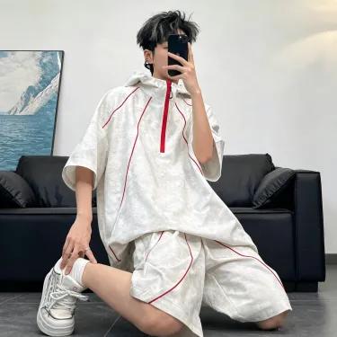 【套裝】美式復古紮染男女連帽半拉鍊短袖+運動休閒短褲兩件套