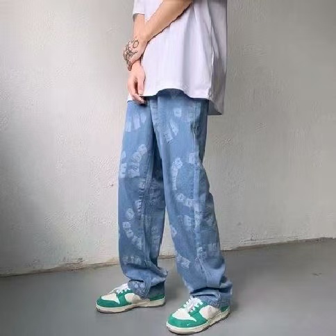 美式復古做舊字母牛仔褲男寬松直筒痞帥多口袋闊腿潮牌春秋褲