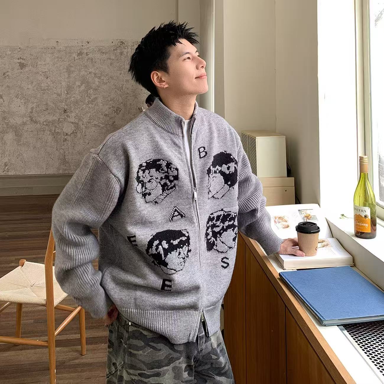 美式潮牌人像提花立領開衫毛衣秋冬慵懶風寬松拉鍊針織衫外套