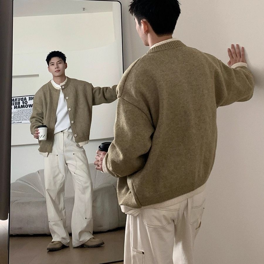 美式復古撞色兩件雙層慵懶毛衣老錢風秋季休閒開衫針織衫針織外套