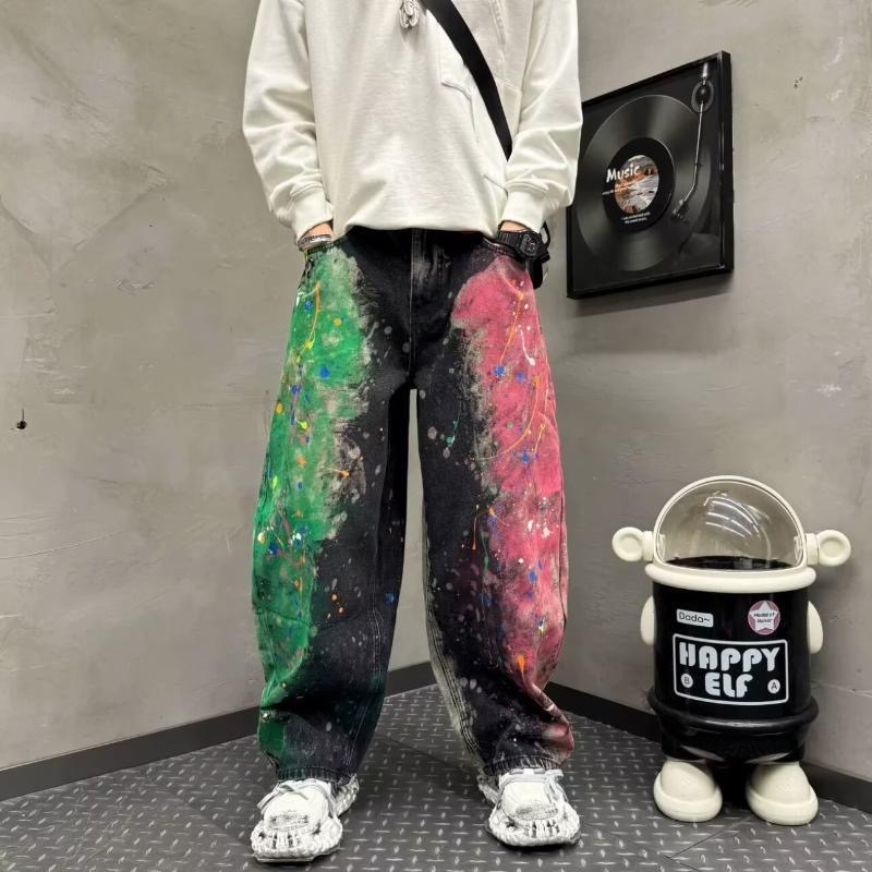 小眾塗鴉彩繪闊腿彎刀牛仔褲男潮牌街頭痞帥拖地褲休閒褲