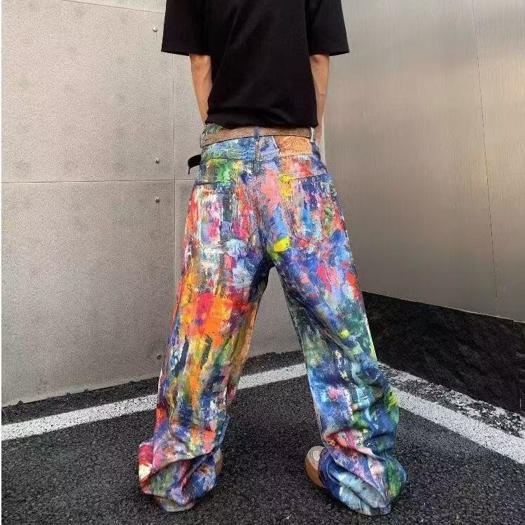 美式潮牌夏季潑墨塗鴉牛仔褲男士寬松直筒復古油畫風長褲闊腿