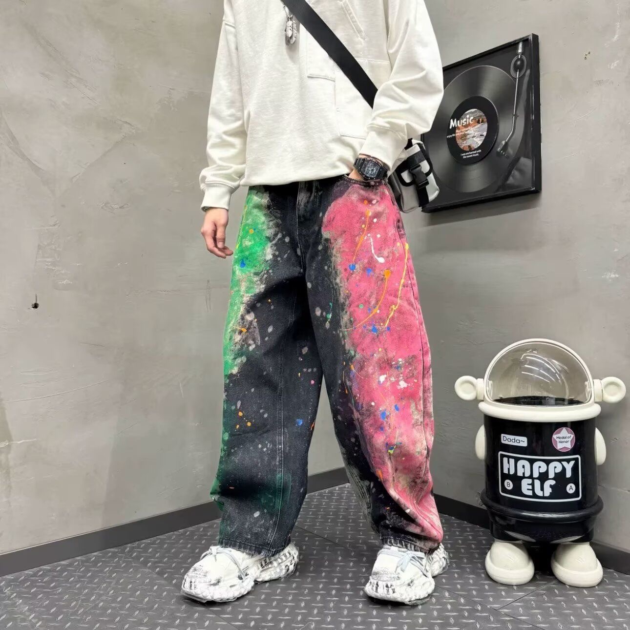 小眾塗鴉彩繪闊腿彎刀牛仔褲男潮牌街頭痞帥拖地褲休閒褲