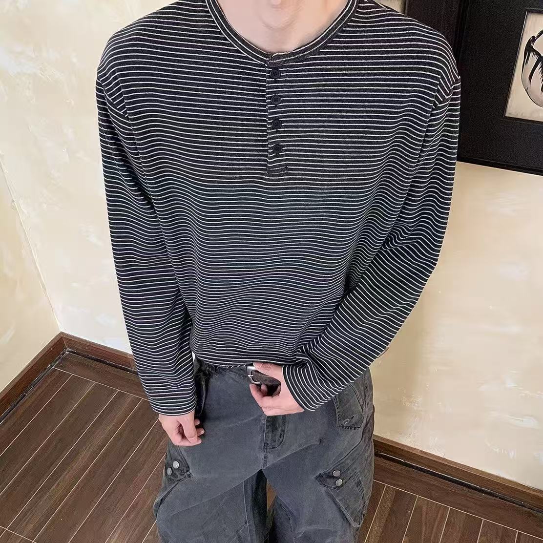 復古條紋亨利領長袖T恤慵懶風寬松百搭休閒簡約上衣