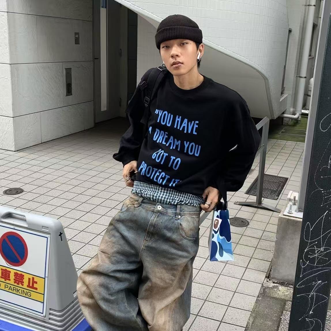 純棉重磅美式休閒字母印花長袖T恤男寬松春秋打底衫上衣