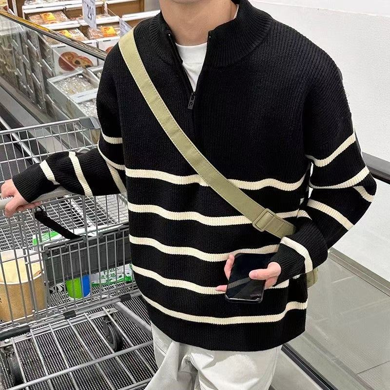 半拉鍊立領條紋毛衣英式學院風休閒套頭打底針織衫上衣