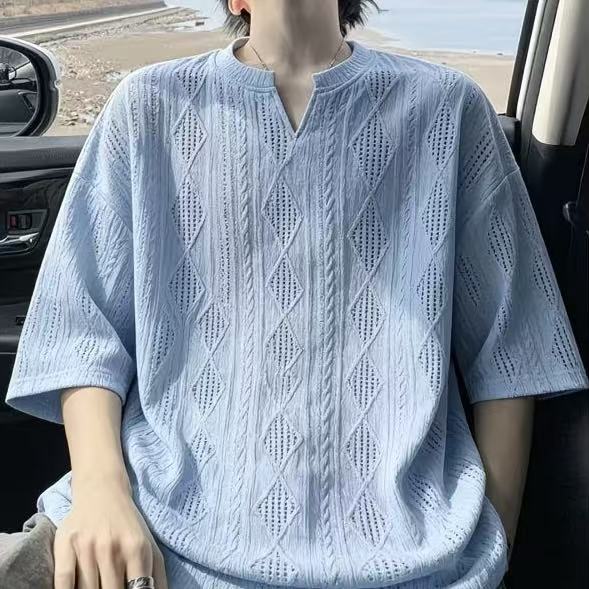 鏤空透氣肌理感v領痞帥半袖百搭休閒短袖T恤
