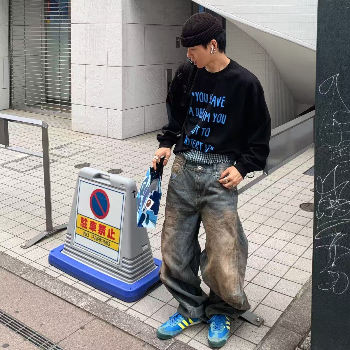 純棉重磅美式休閒字母印花長袖T恤男寬松春秋打底衫上衣