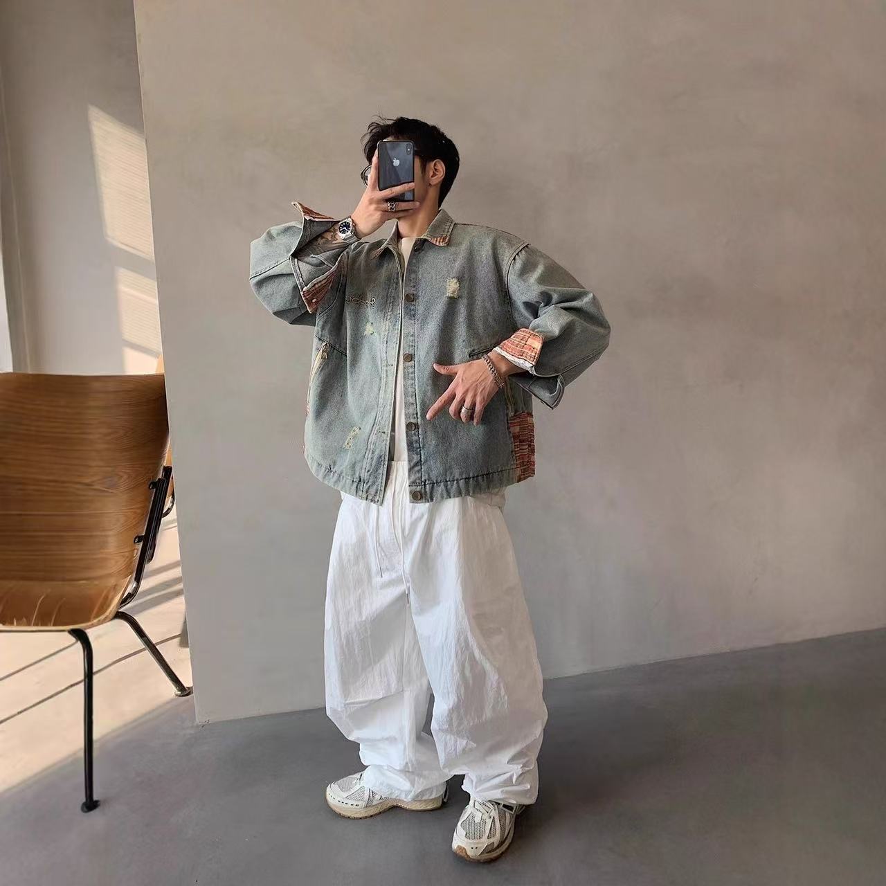 美式做舊水洗撞色牛仔外套男女設計感衣角撞色潮復古夾克