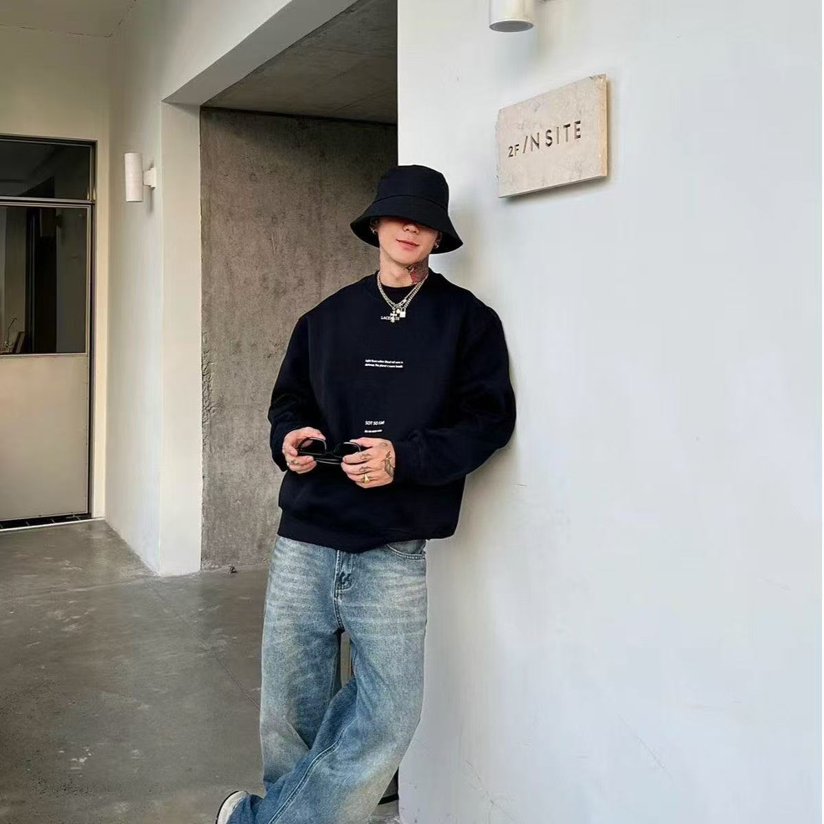 美式圓領衛衣復古加絨加厚套頭上衣男款