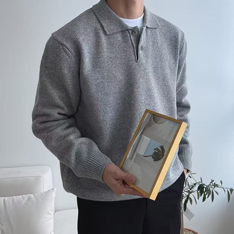 秋冬polo翻領純色毛衣男百搭休閒韓版寬松套頭針織衫穿搭線衣