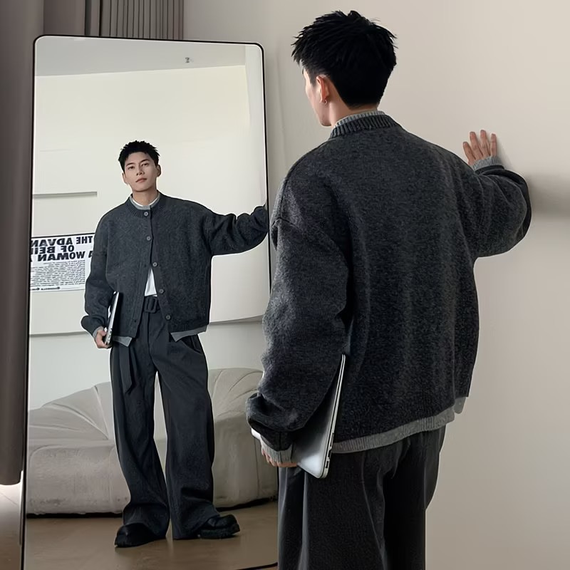 美式復古撞色兩件雙層慵懶毛衣老錢風秋季休閒開衫針織衫針織外套