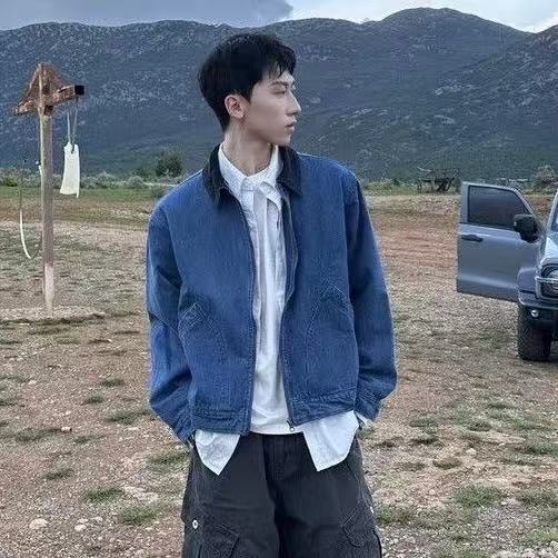 男藍色翻領牛仔夾克復古簡約百搭港風寬松小眾夾克藍色