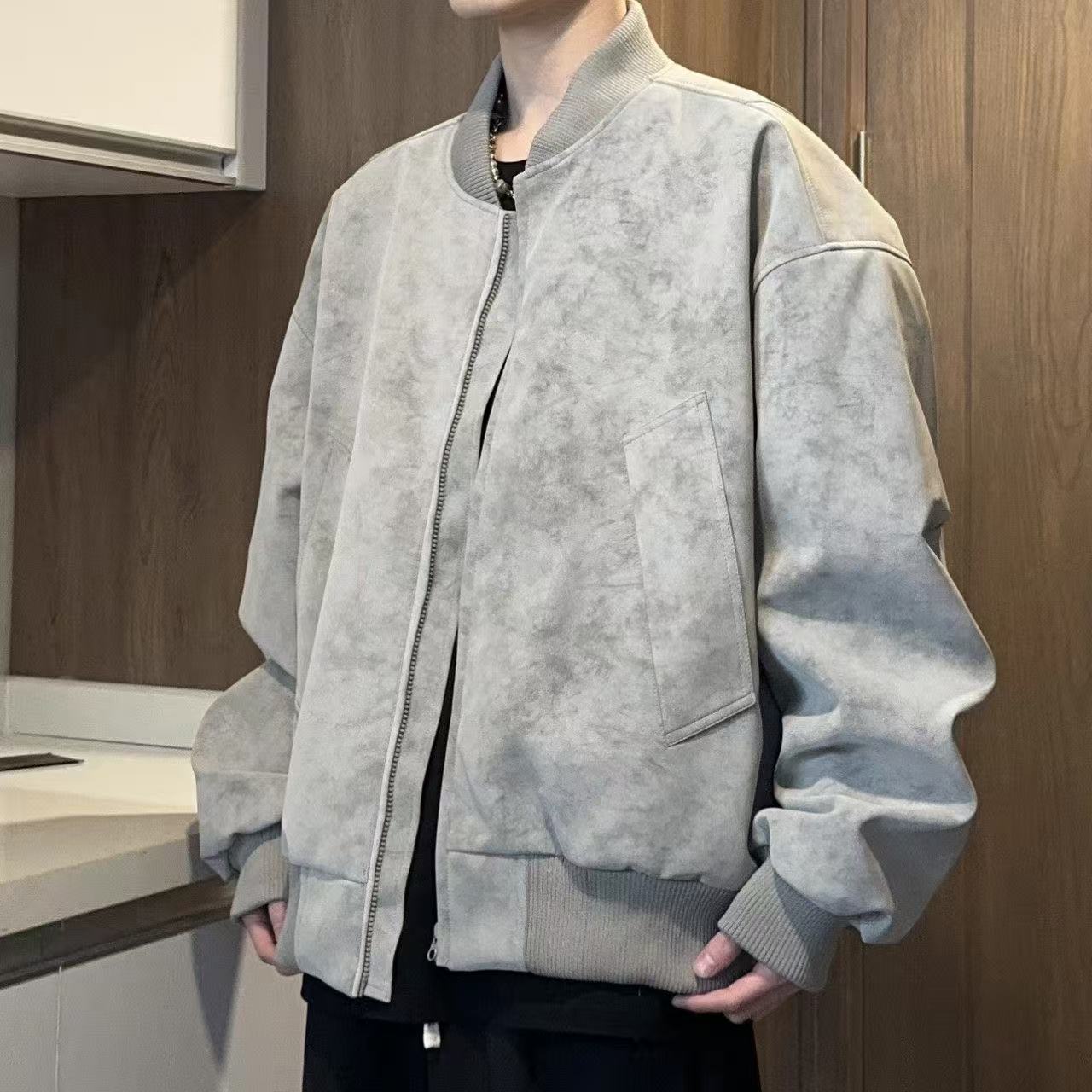 美式休閒春秋款潮男扎染PU皮夾克寬松機車復古高街外套皮衣
